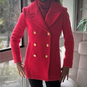 J. Crew Stunning Red Wool Double Breasted Pea Coat. Like New. Size 0 Petite
